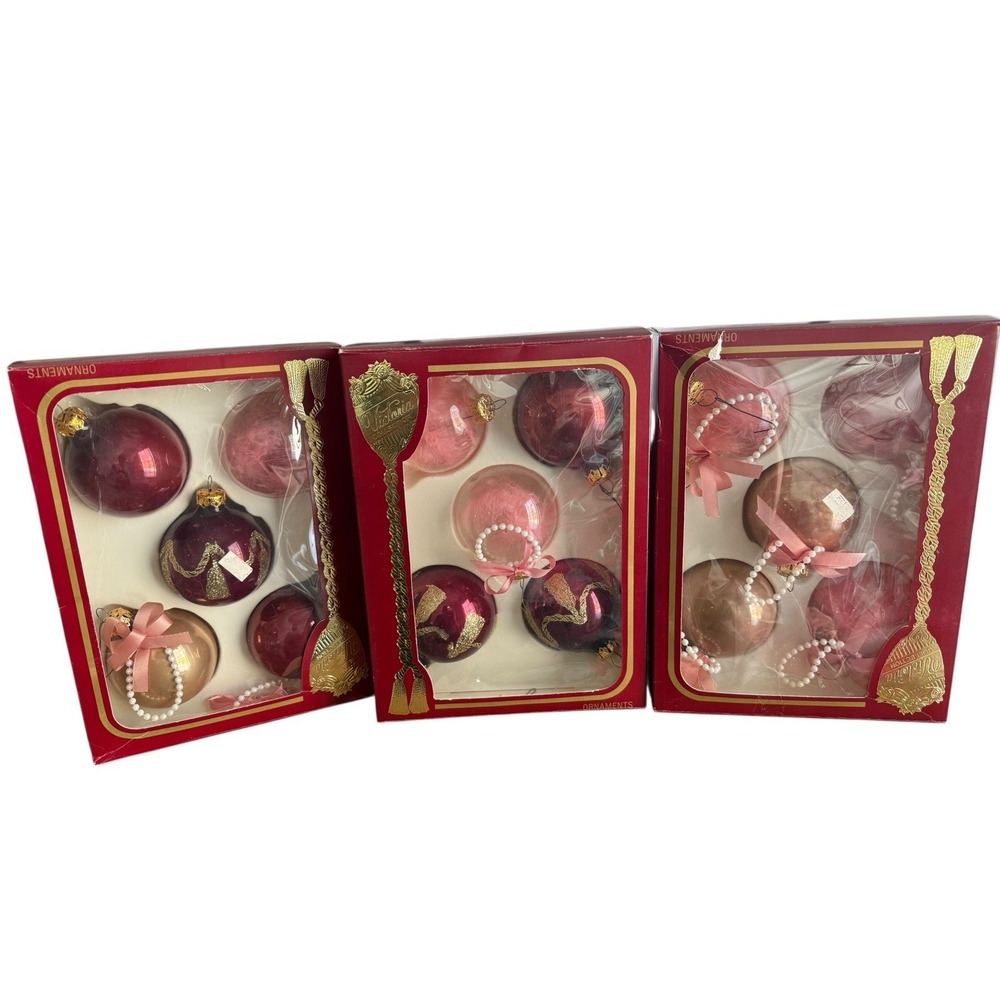 Victoria Collection Glass‎ Christmas Ornaments Pink Gold Red Lot of 15 Retro